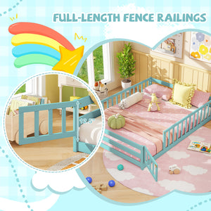 Full Size Floor Bed with Full Length Safety Guardrails-Dark Green