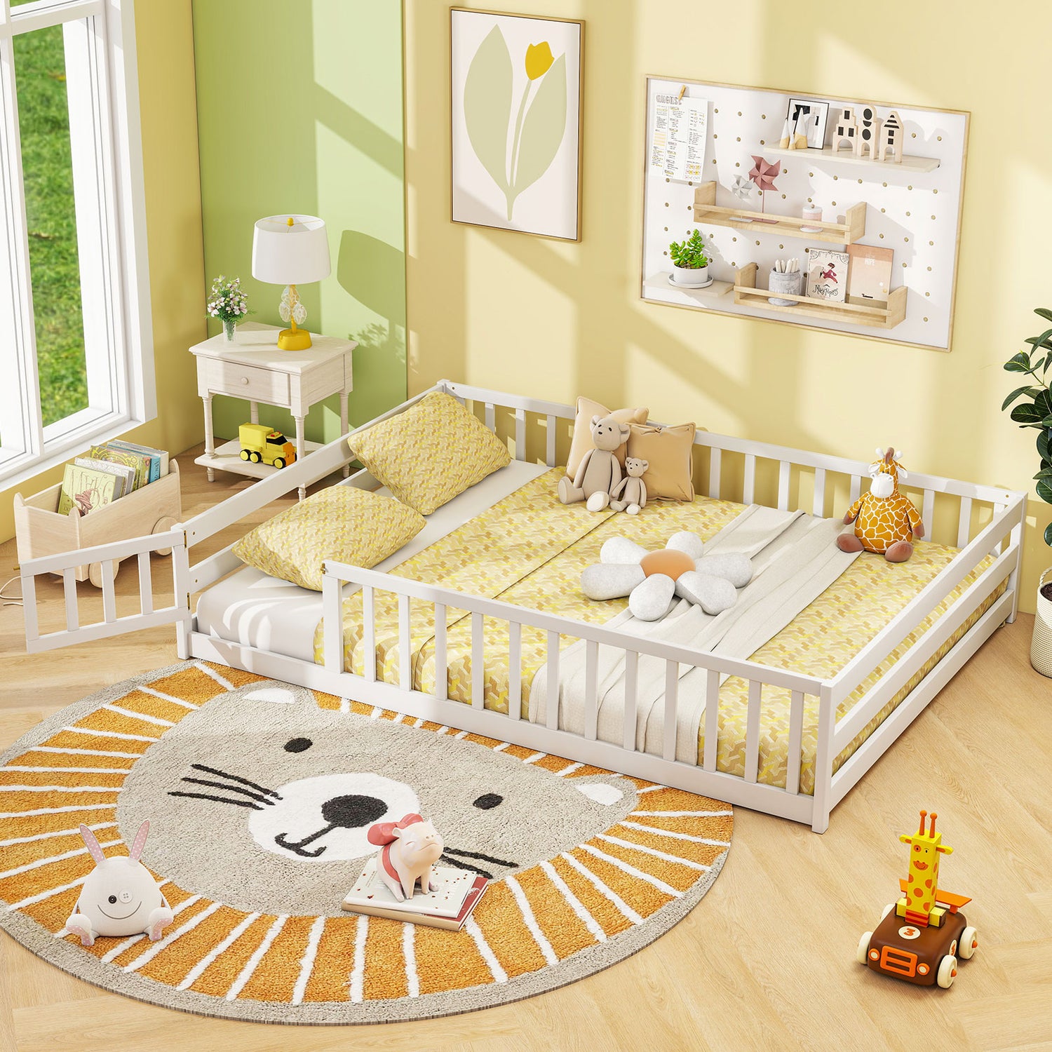 Full Size Floor Bed with Full Length Safety Guardrails-White