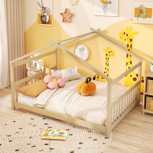 Full Size House Bed Montessori Floor Bed with Headboard-Natural