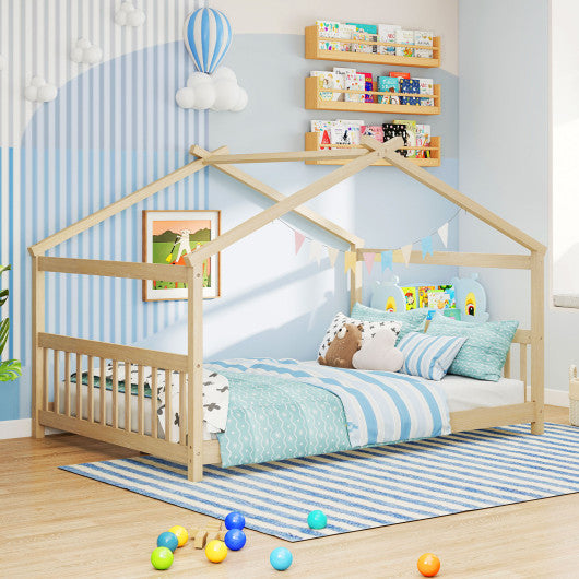 Full Size House Bed Montessori Floor Bed with Headboard-Natural