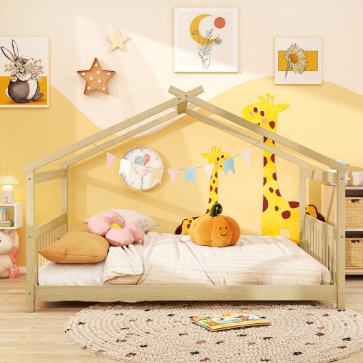 Full Size House Bed Montessori Floor Bed with Headboard-Natural
