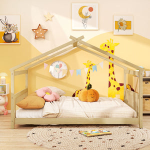 Full Size House Bed Montessori Floor Bed with Headboard-Natural