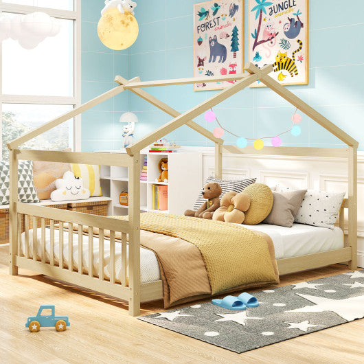 Full Size House Bed Montessori Floor Bed with Headboard-Natural