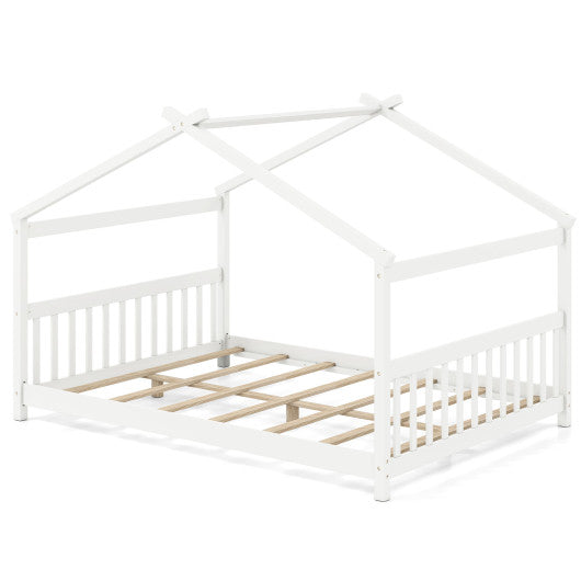 Full Size House Bed Montessori Floor Bed with Headboard-White