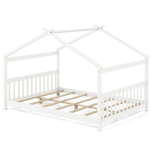 Full Size House Bed Montessori Floor Bed with Headboard-White