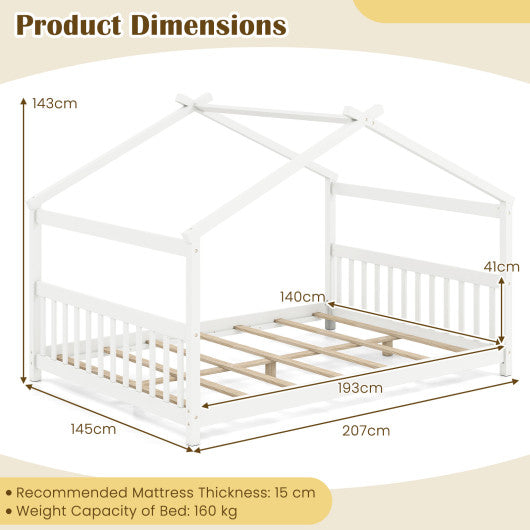 Full Size House Bed Montessori Floor Bed with Headboard-White