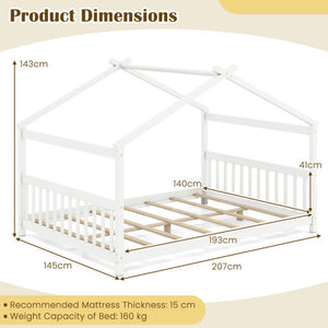 Full Size House Bed Montessori Floor Bed with Headboard-White