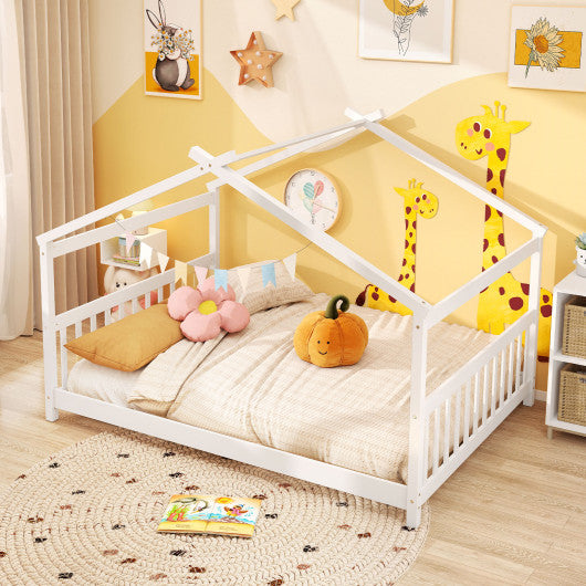 Full Size House Bed Montessori Floor Bed with Headboard-White