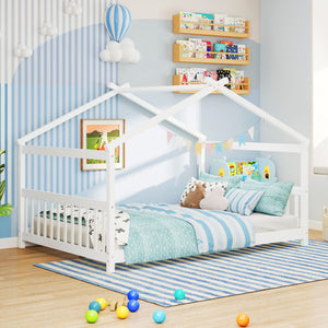 Full Size House Bed Montessori Floor Bed with Headboard-White