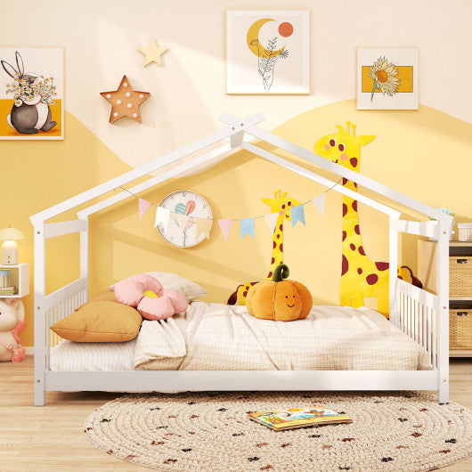 Full Size House Bed Montessori Floor Bed with Headboard-White