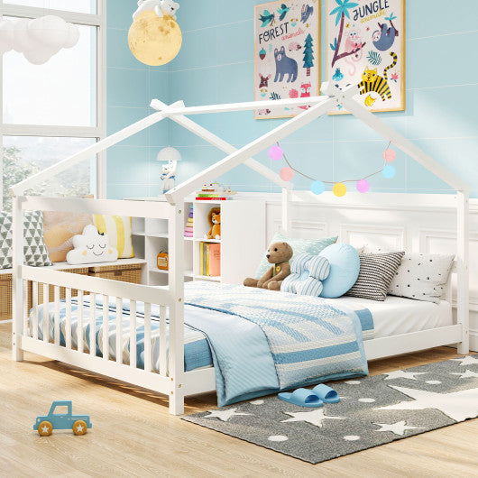 Full Size House Bed Montessori Floor Bed with Headboard-Natural