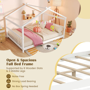 Full Size House Bed Montessori Floor Bed with Headboard-White
