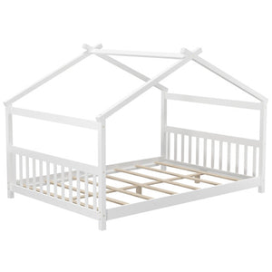 Full Size House Bed Montessori Floor Bed with Headboard-White