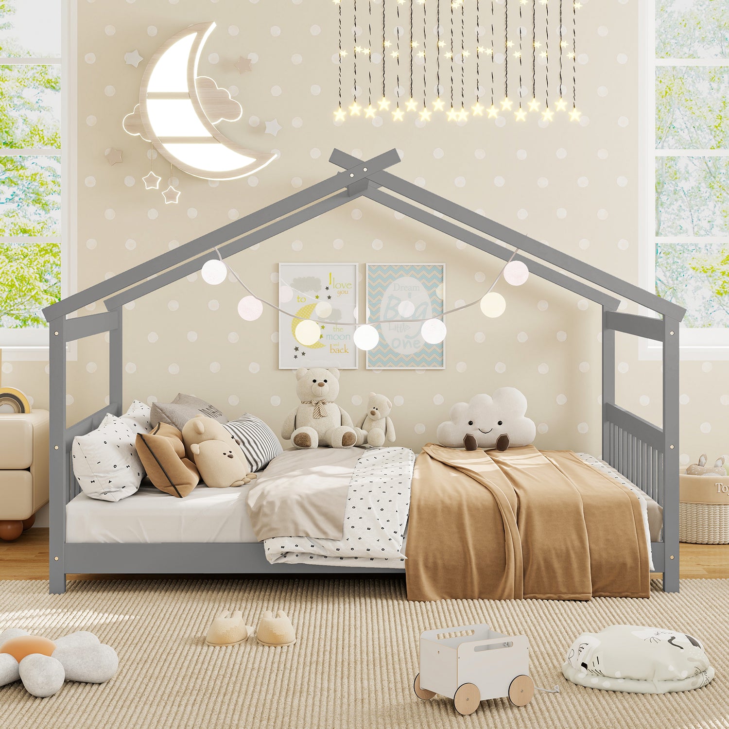 Full Size House Bed Montessori Floor Bed with Headboard-Gray