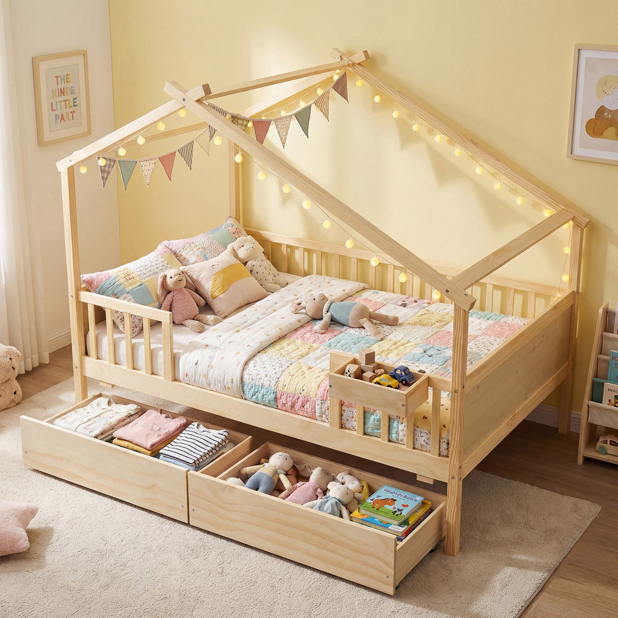 Full Size House Bed with Roof and Fence Rails for Kid-Natural