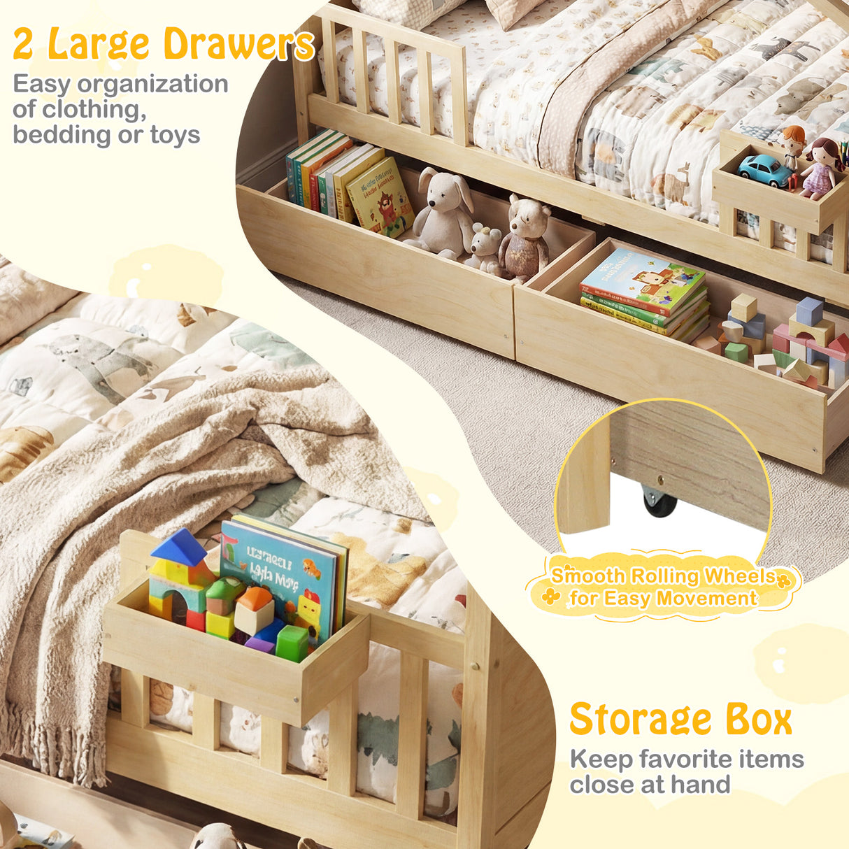 Full Size House Bed with Roof and Fence Rails for Kid-Natural