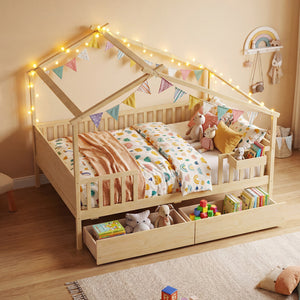 Full Size House Bed with Roof and Fence Rails for Kid-Natural