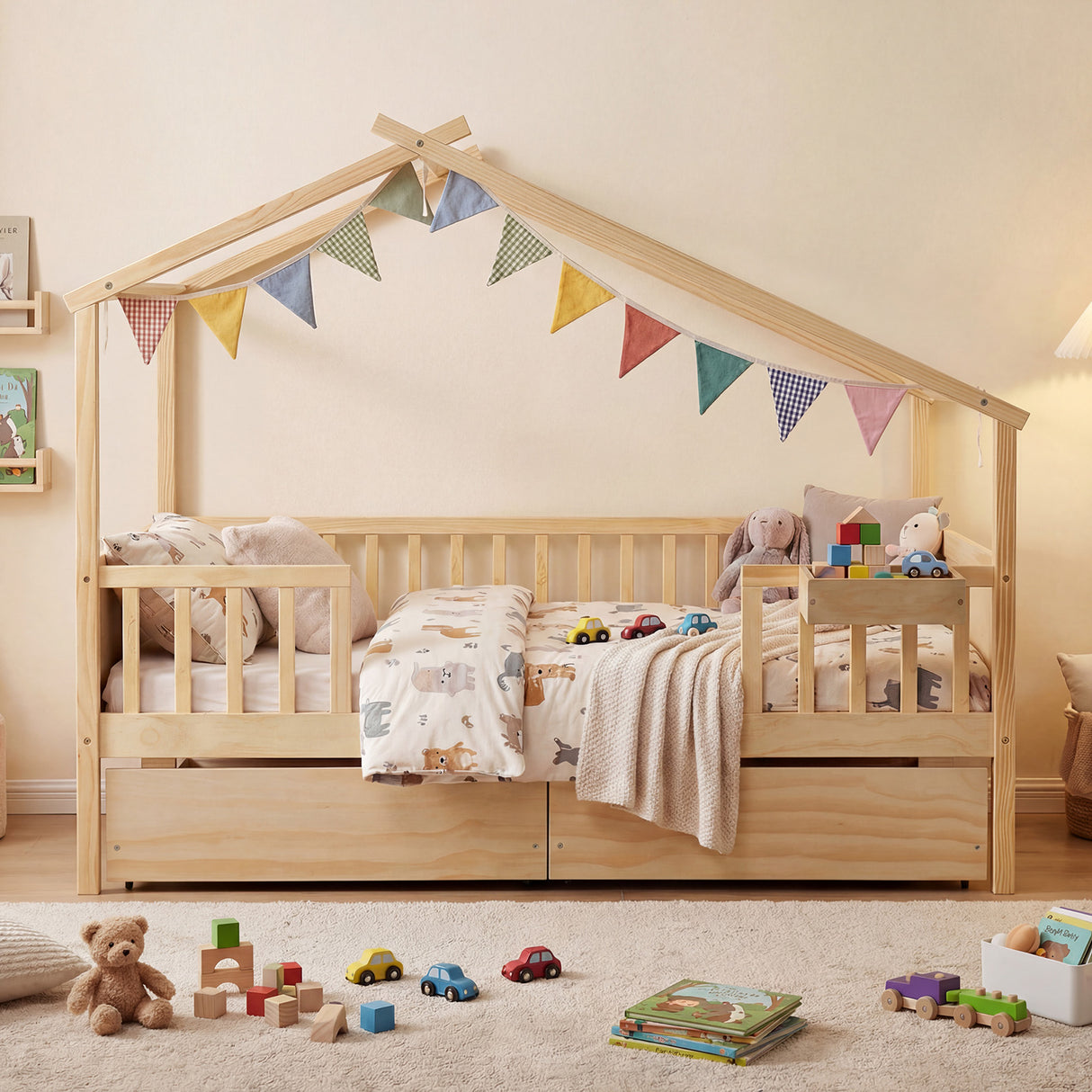 Full Size House Bed with Roof and Fence Rails for Kid-Natural