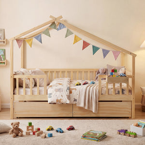 Full Size House Bed with Roof and Fence Rails for Kid-Natural