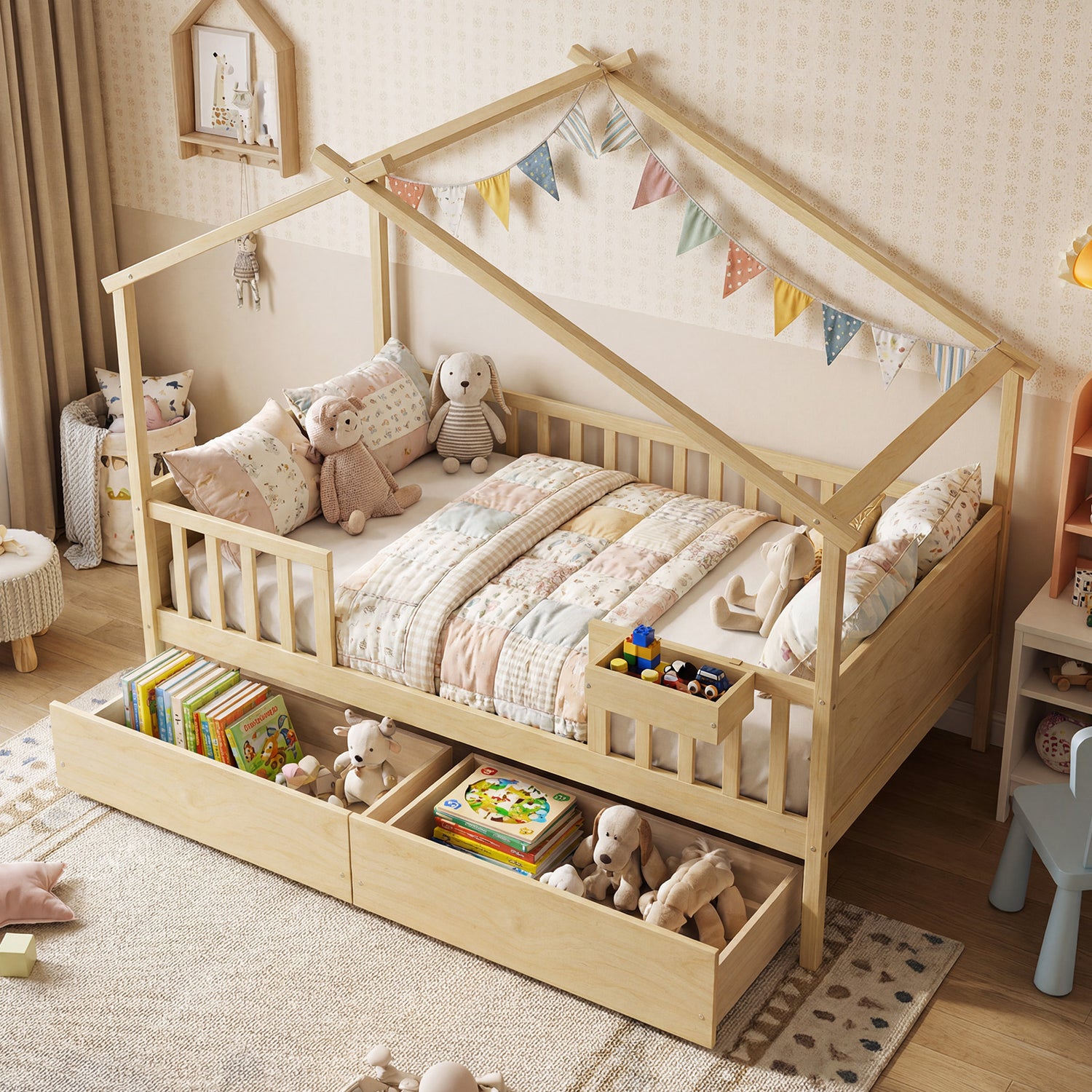 Full Size House Bed with Roof and Fence Rails for Kid-Natural