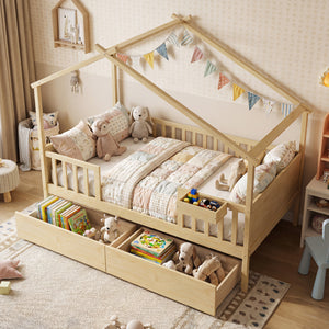 Full Size House Bed with Roof and Fence Rails for Kid-Natural