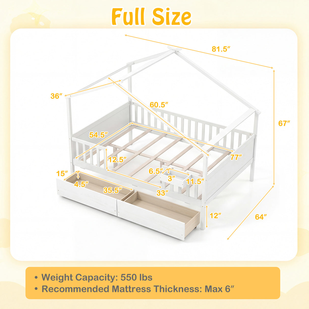Full Size House Bed with Roof and Fence Rails for Kid-White