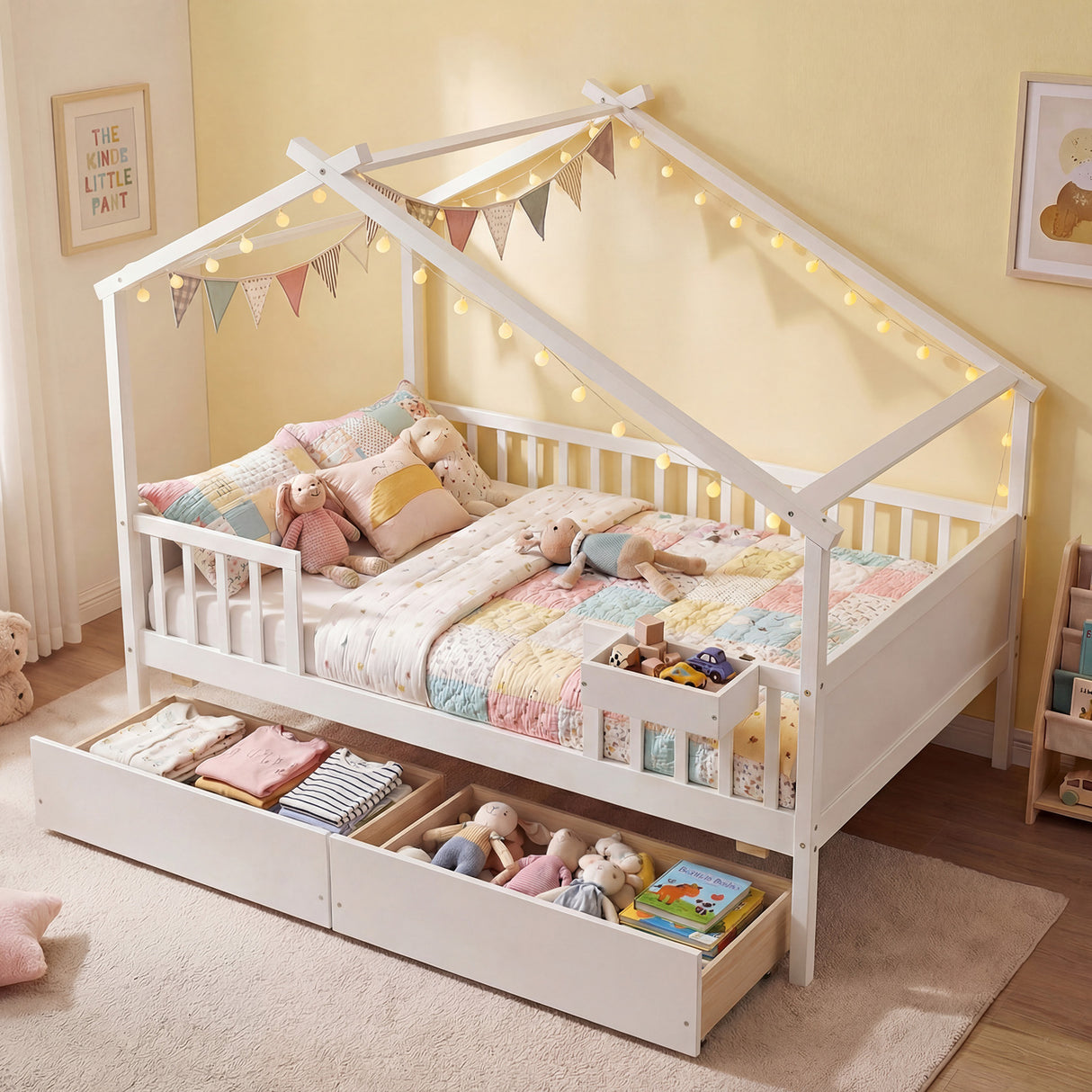 Full Size House Bed with Roof and Fence Rails for Kid-White
