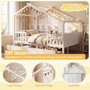 Full Size House Bed with Roof and Fence Rails for Kid-White