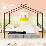 Full Size Metal House Bed with 2 Fabric Drawers for Kids-Black