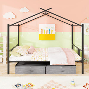 Full Size Metal House Bed with 2 Fabric Drawers for Kids-Black