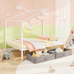 Full Size Metal House Bed with 2 Fabric Drawers for Kids-White