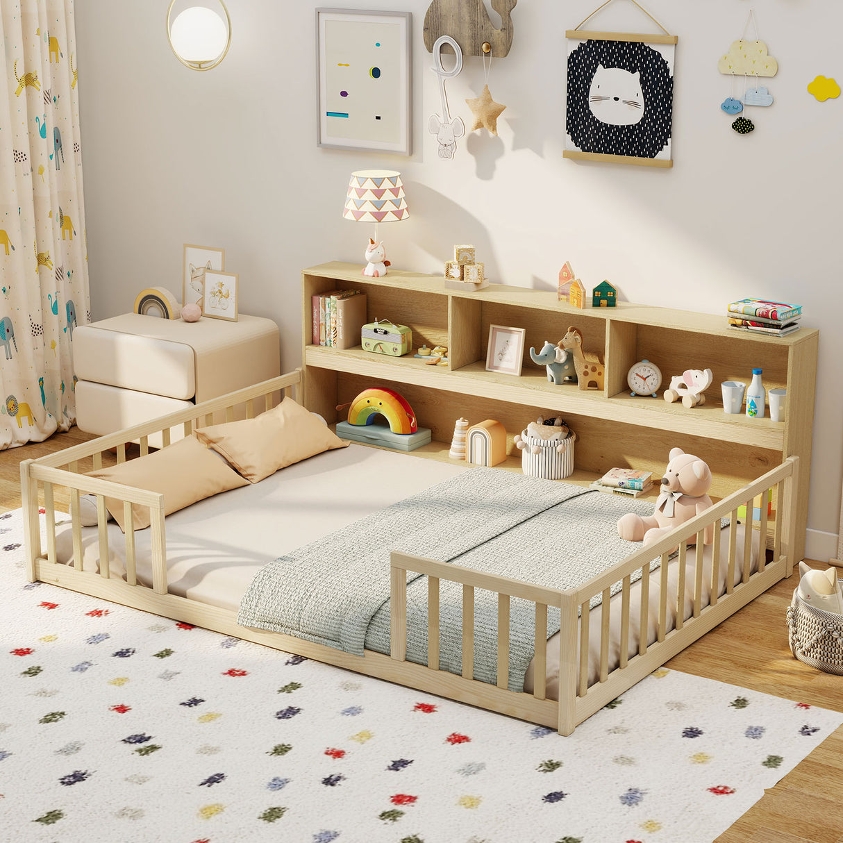 Full Size Montessori Floor Bed with Bookcase-Natural