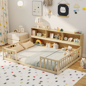 Full Size Montessori Floor Bed with Bookcase-Natural