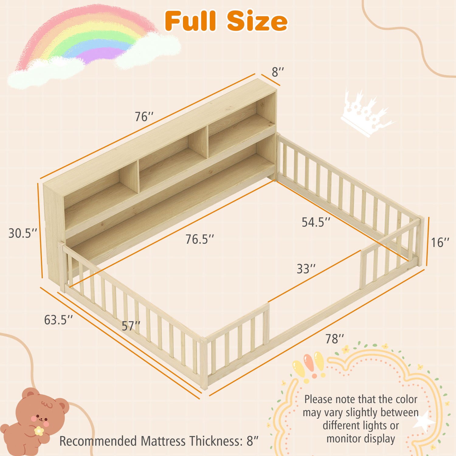 Full Size Montessori Floor Bed with Bookcase-Natural