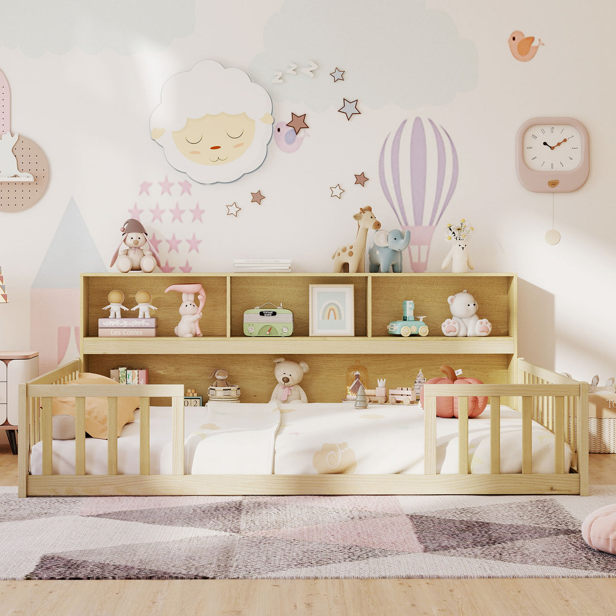 Full Size Montessori Floor Bed with Bookcase-Natural