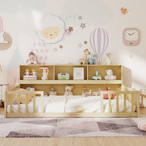 Full Size Montessori Floor Bed with Bookcase-Natural