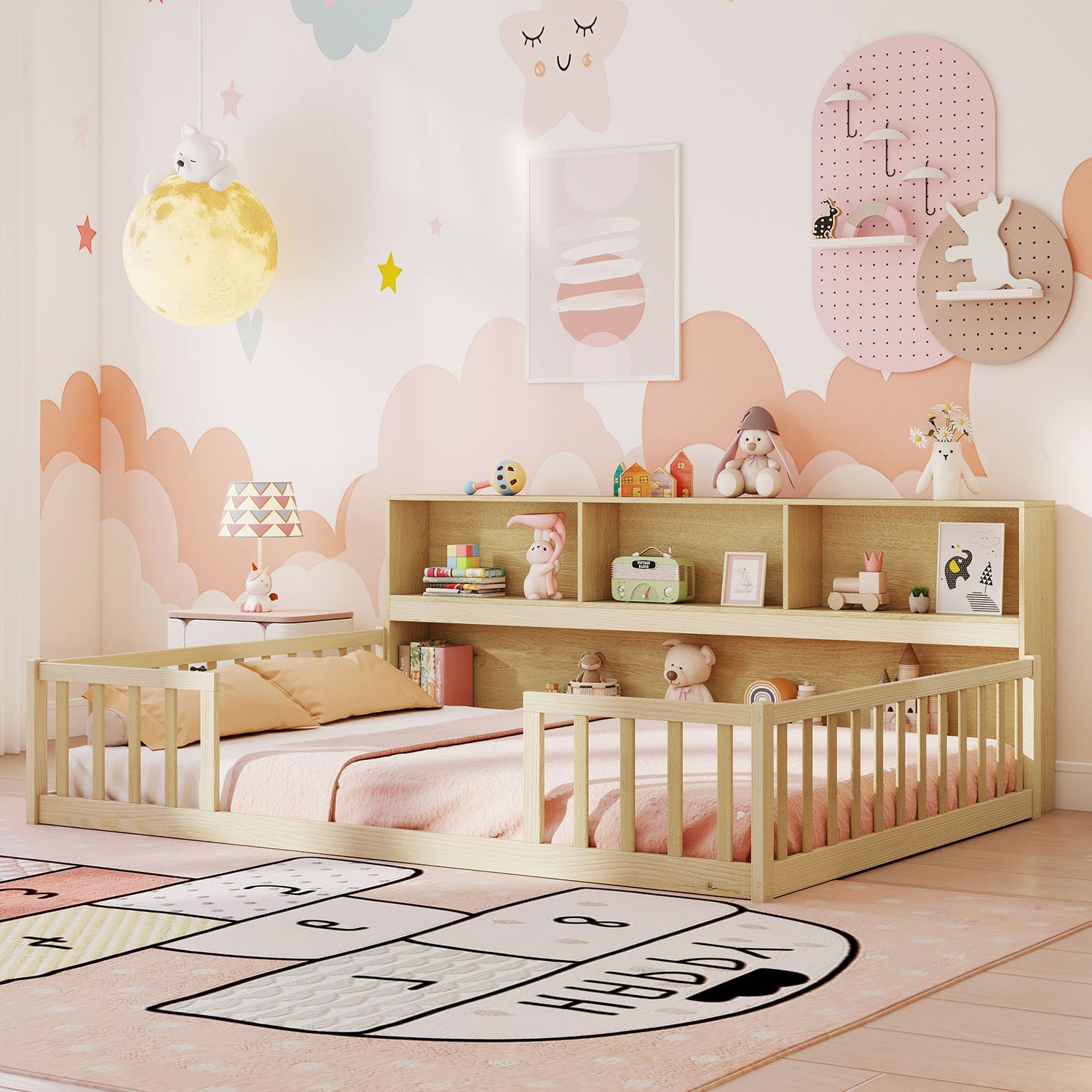 Full Size Montessori Floor Bed with Bookcase-Natural