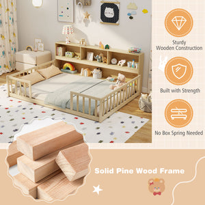 Full Size Montessori Floor Bed with Bookcase-Natural