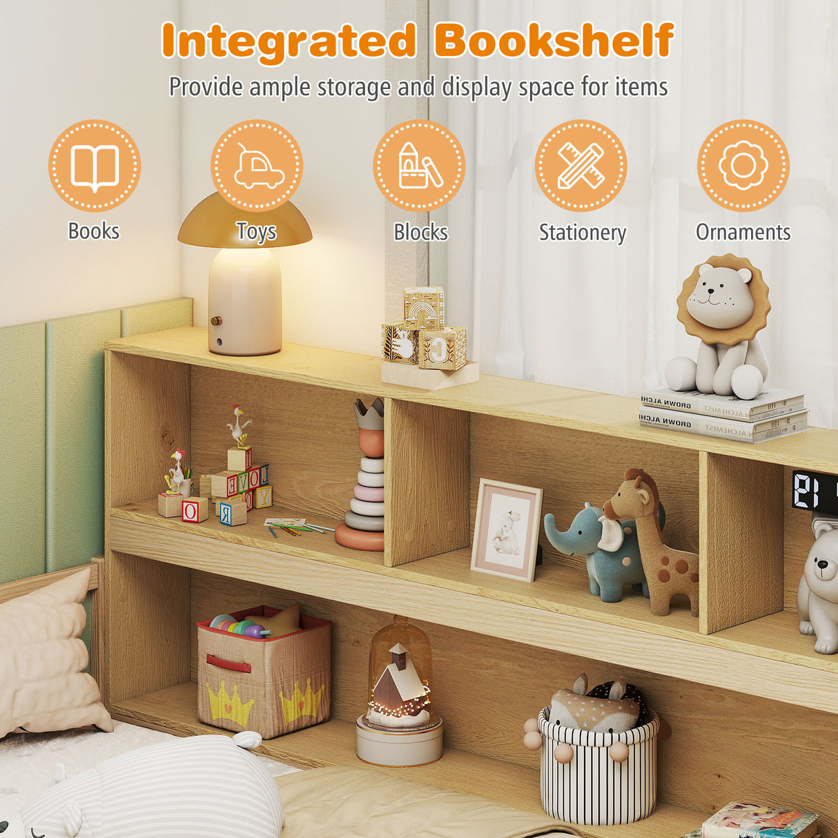 Full Size Montessori Floor Bed with Bookcase-Natural