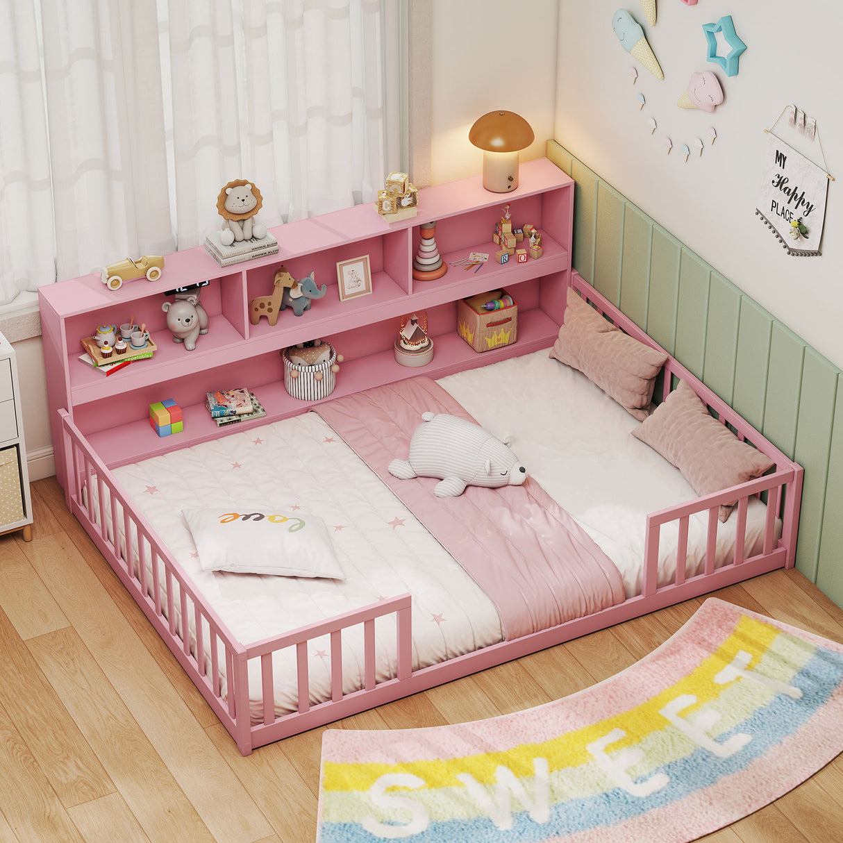 Full Size Montessori Floor Bed with Bookcase-Pink