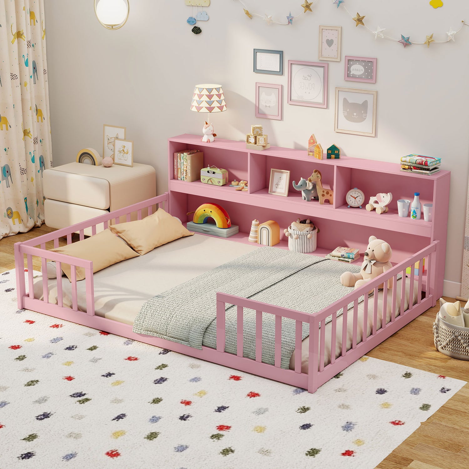 Full Size Montessori Floor Bed with Bookcase-Pink