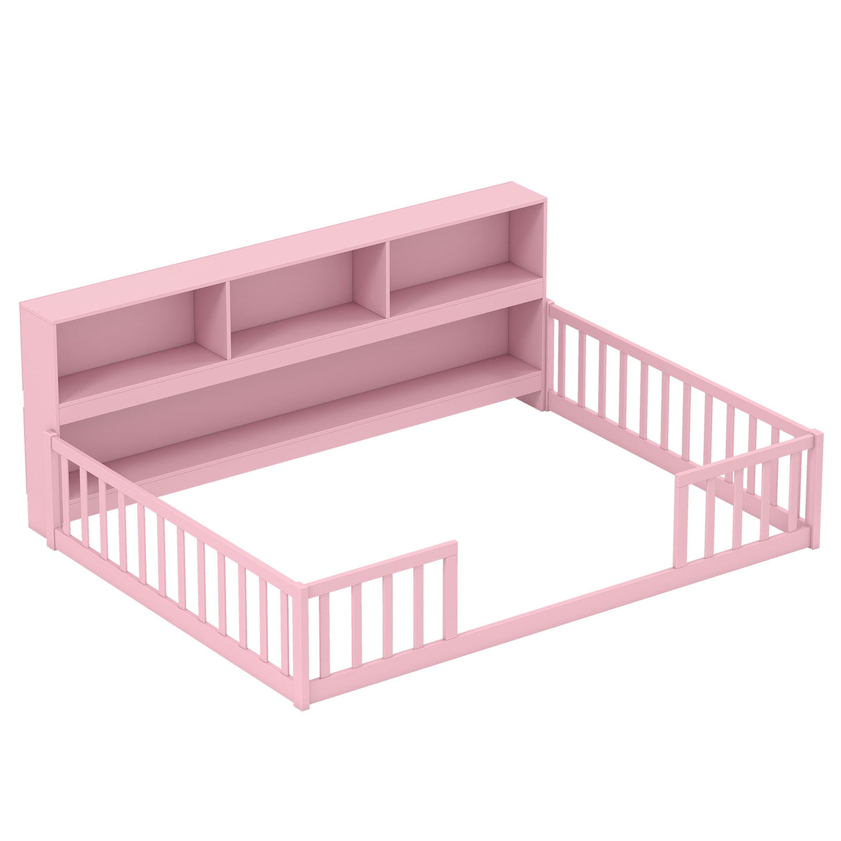 Full Size Montessori Floor Bed with Bookcase-Pink