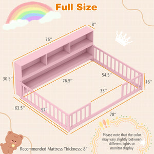 Full Size Montessori Floor Bed with Bookcase-Pink