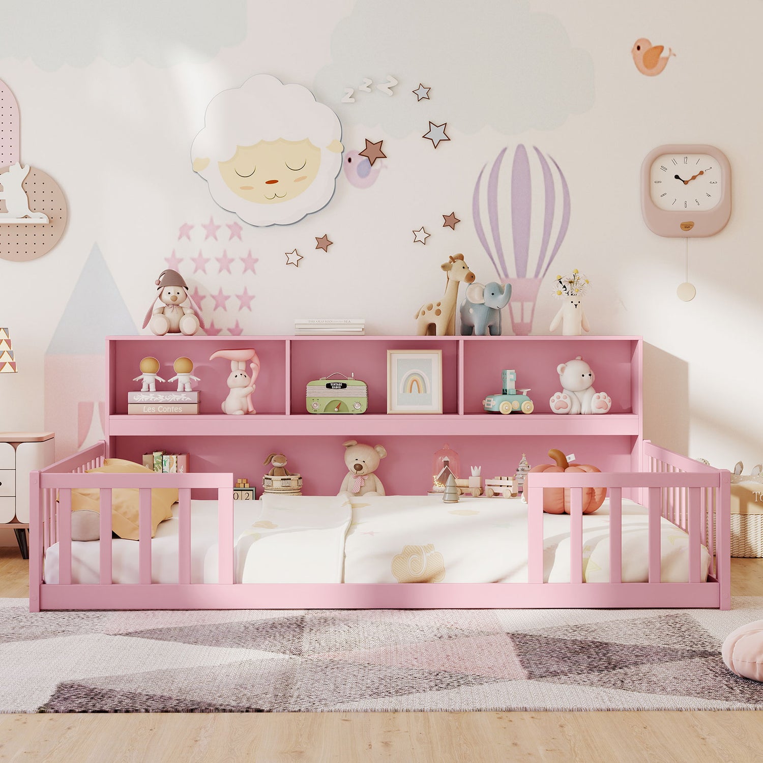 Full Size Montessori Floor Bed with Bookcase-Pink