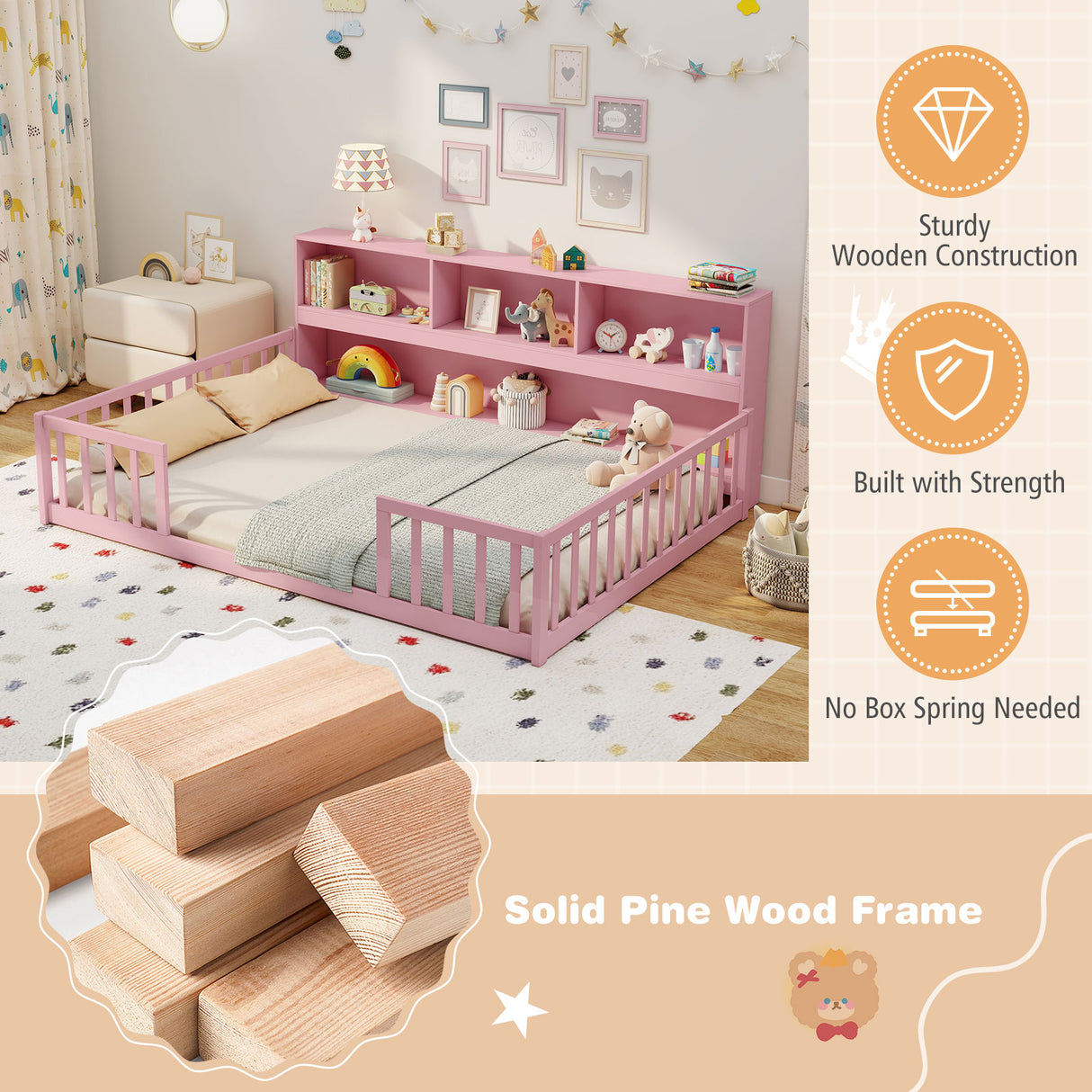 Full Size Montessori Floor Bed with Bookcase-Pink