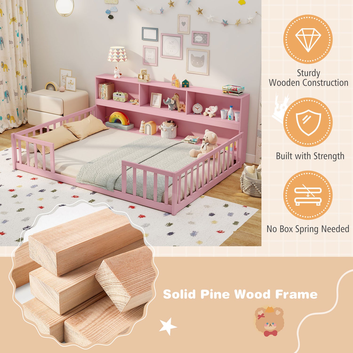 Full Size Montessori Floor Bed with Bookcase-Pink