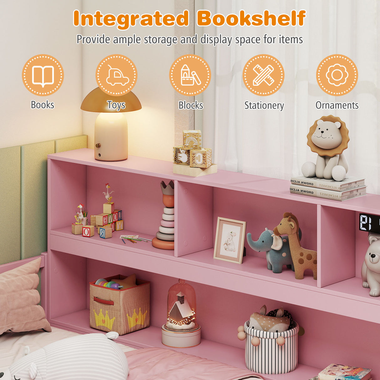 Full Size Montessori Floor Bed with Bookcase-Pink