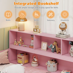 Full Size Montessori Floor Bed with Bookcase-Pink