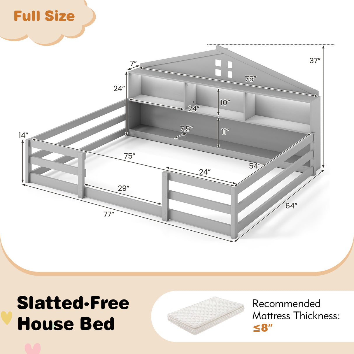 Full Size Montessori Floor Bed with Storage Compartments and Shelf-Gray