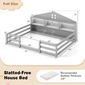 Full Size Montessori Floor Bed with Storage Compartments and Shelf-Gray